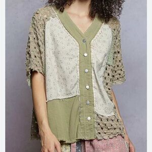 POL Women's Green and Cream Patchwork Button-Down Shirt